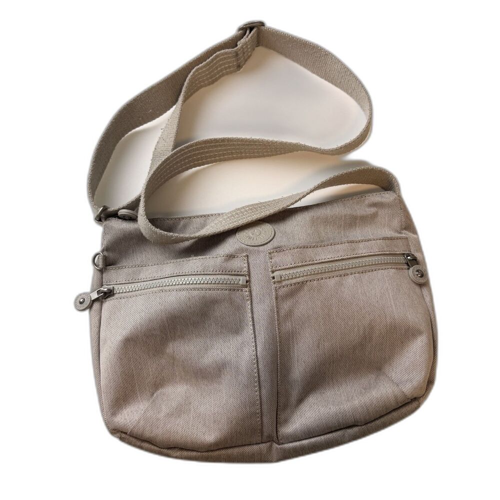 Kipling Light Gray Nylon Crossbody Shoulder Bag Multi Pocket Adjustable Strap
